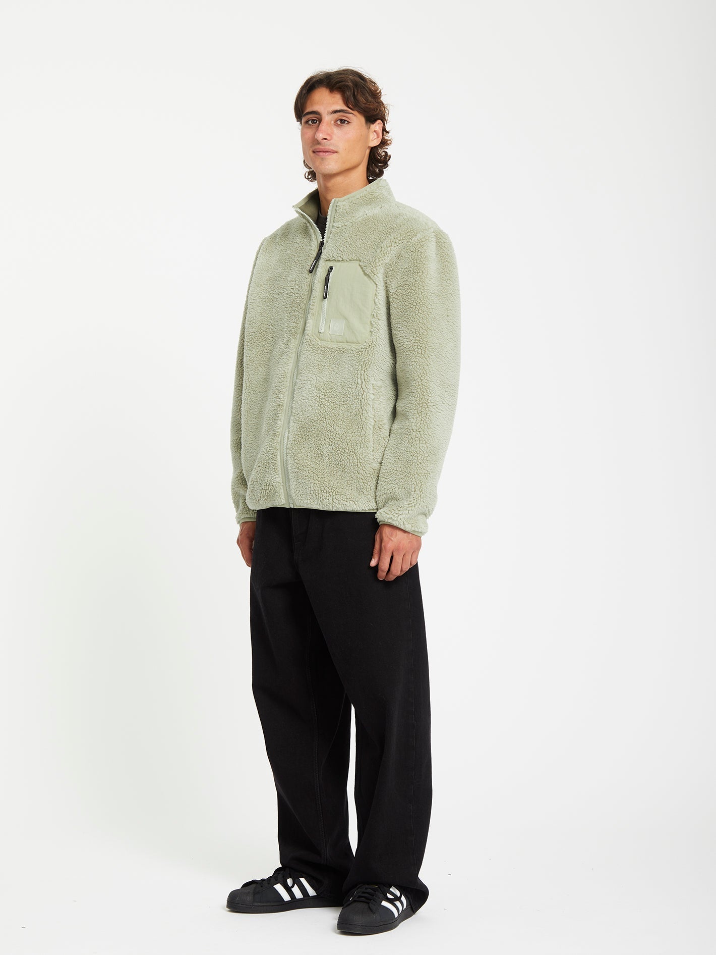 Muzzer Fuzzar Zipped Sherpa Sweatshirt - GREEN TEA