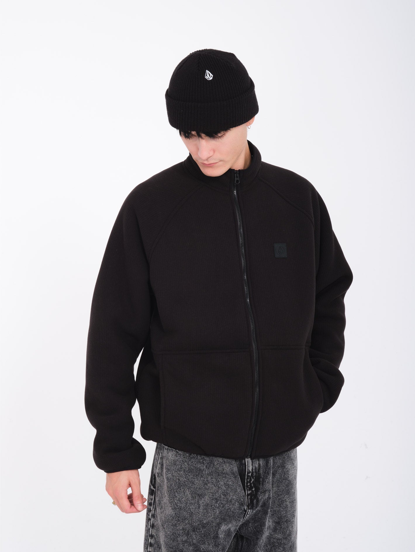 Runtime Grid Sherpa-Sweatshirt mit Reißverschluss – SCHWARZ