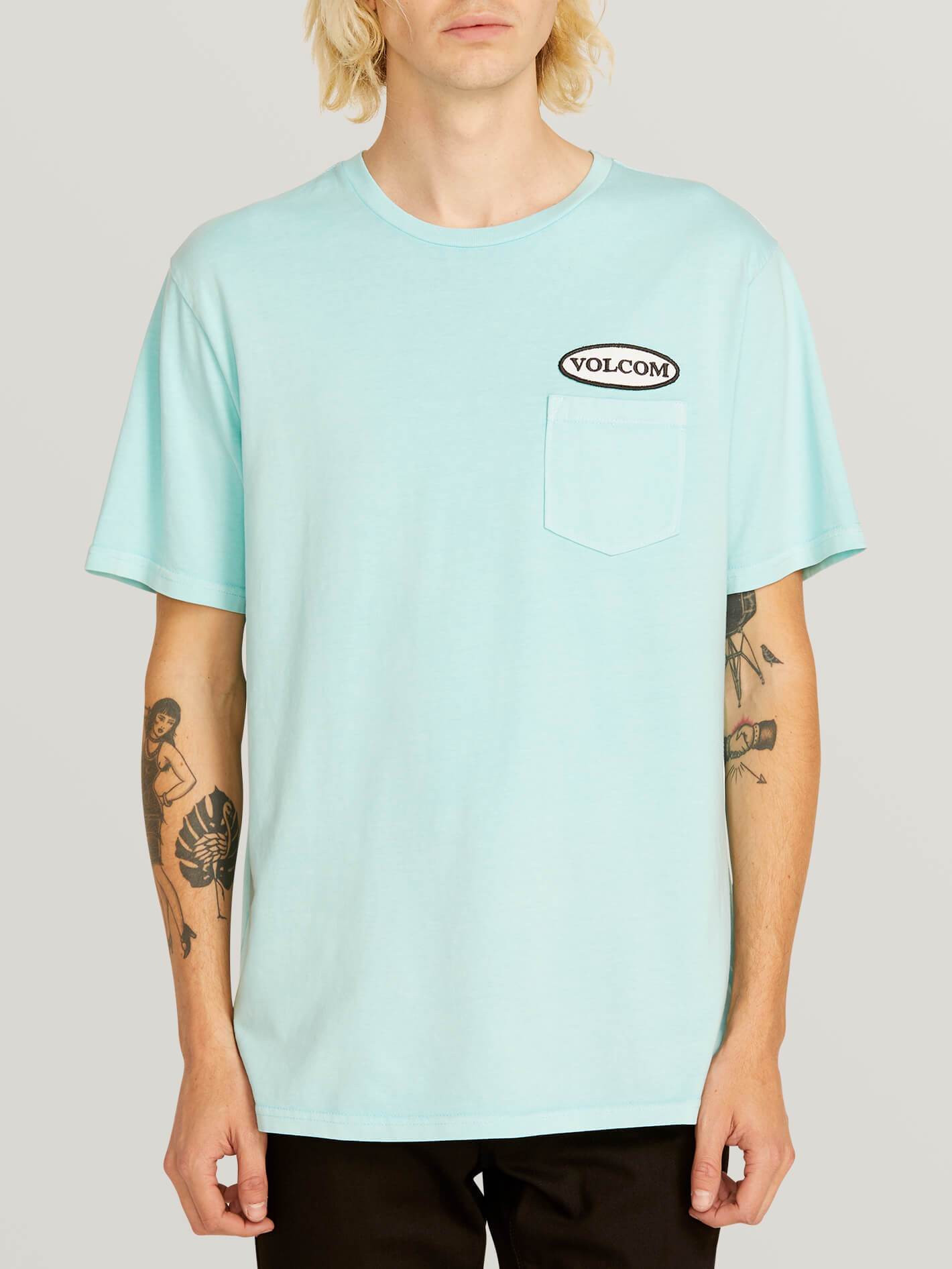 T-Shirt mit ovalem Patch – Blasses Aqua