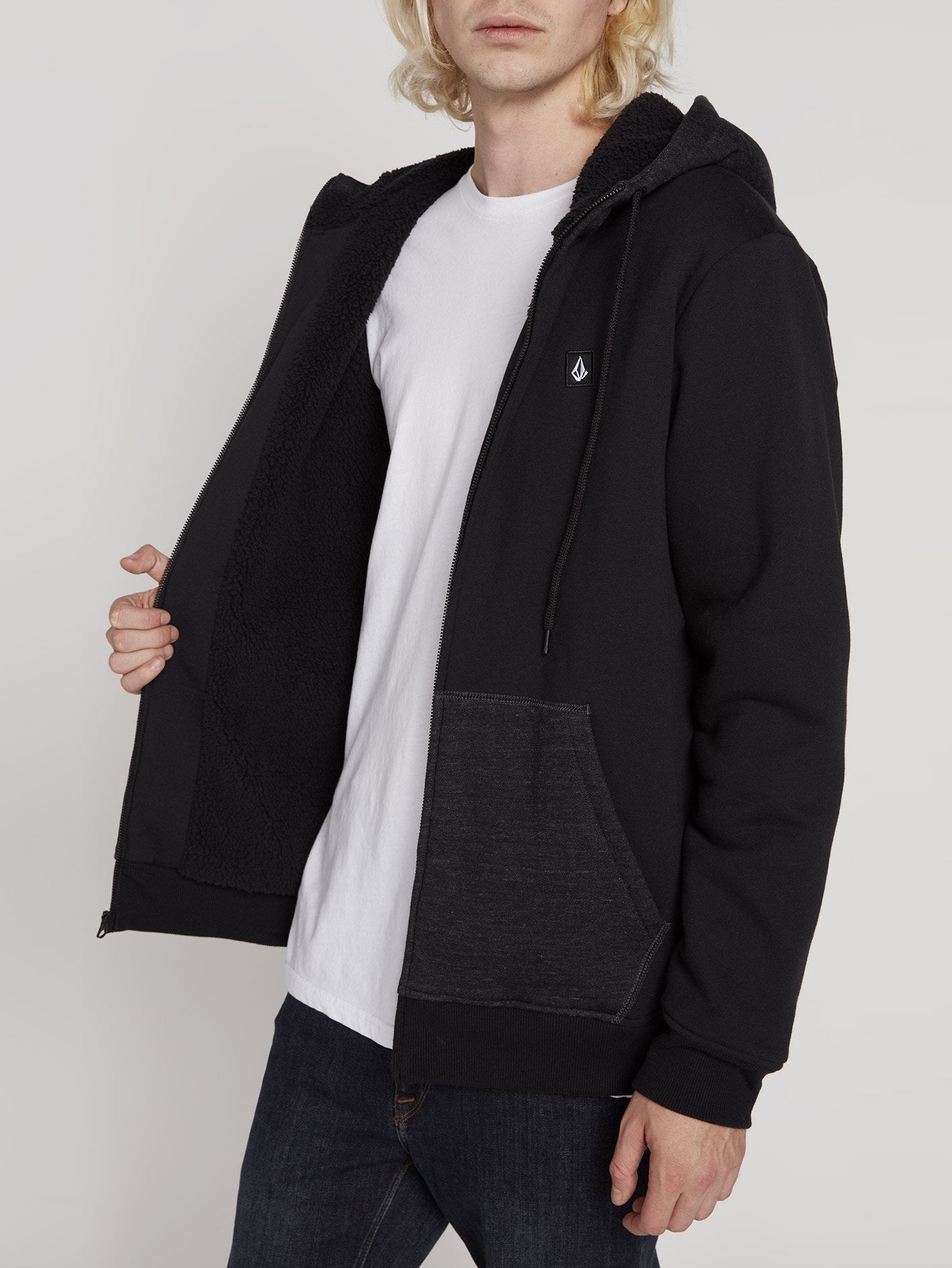 Kapuzenjacke mit Reißverschluss und Einzelstein-Futter - Schwarz