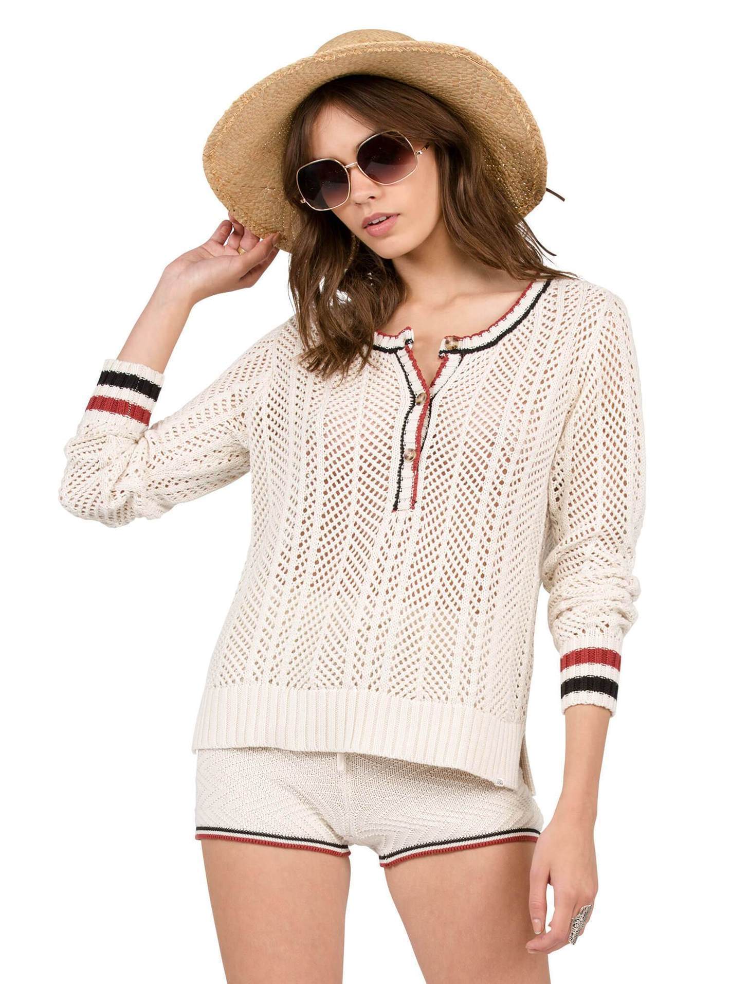 Thumbs Up Henley Stone Row Pullover - Vintage Weiß