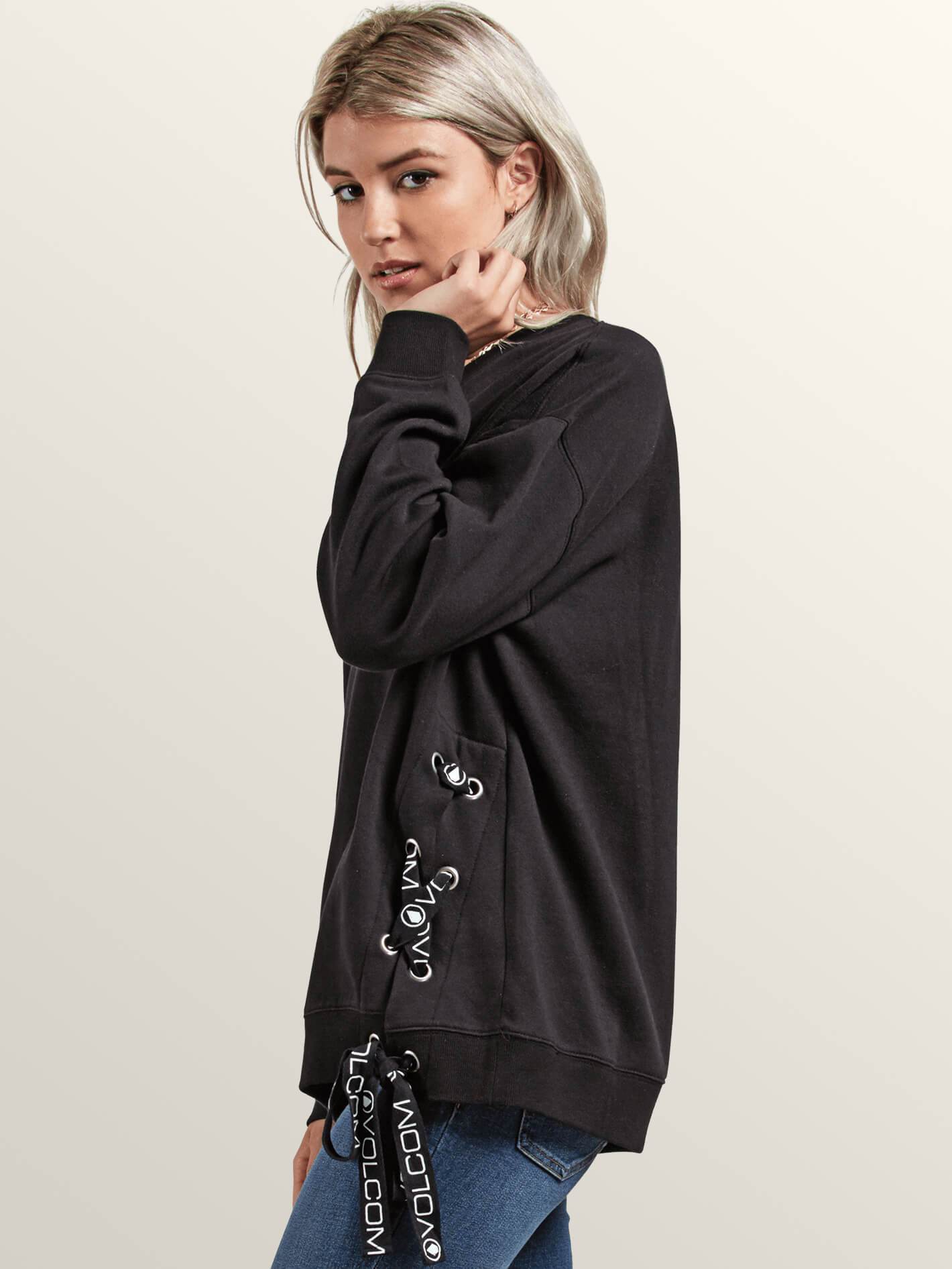 Sweatshirt mit Rundhalsausschnitt und Spitzenbesatz - Schwarz