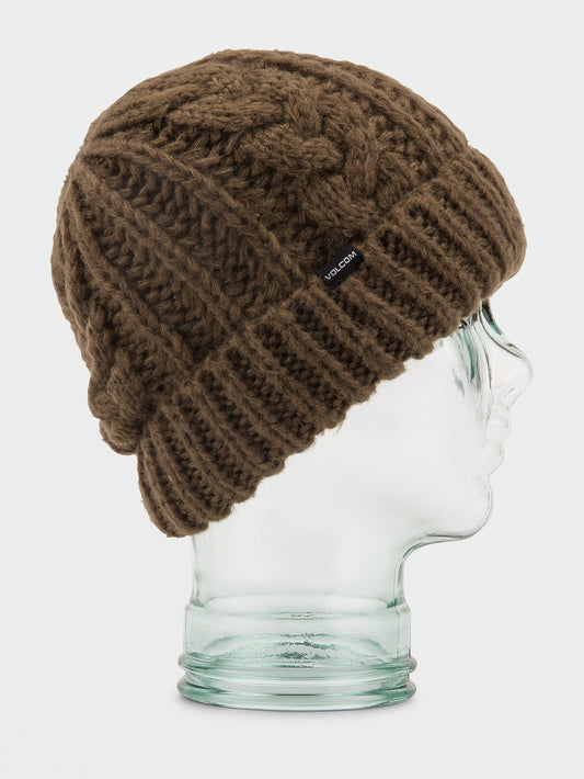 Handgestrickte Beanie mit Zopfmuster - Dunkles Teakholz